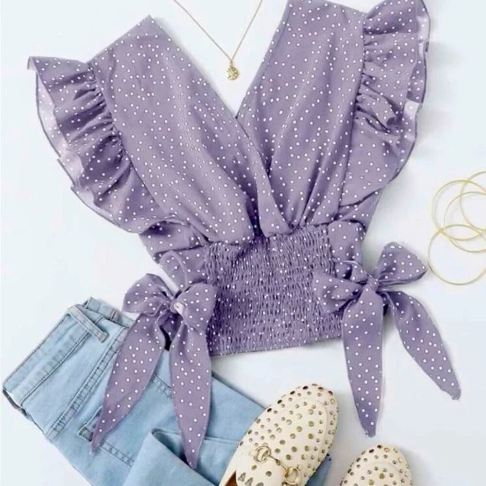 Shein Lavender Polka Dot Flutter Sleeve Top Size XS - Picture 5 of 5